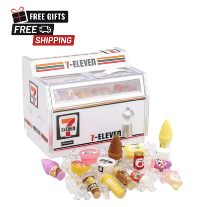 Miniature Japanese snacks and mini ice cubes included with the konbini freezer magnet